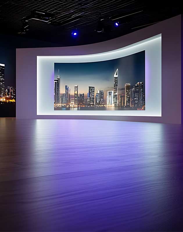 Ledwall indoor a parete curva in showroom con contenuti video immersivi ad alta risoluzione