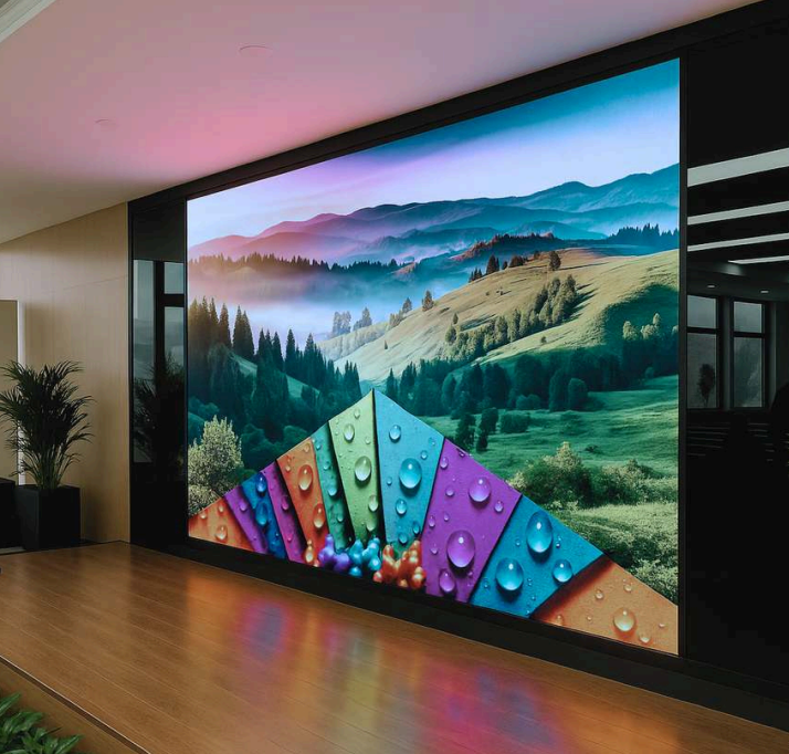 Ledwall indoor a parete in hall aziendale con immagini immersive ad alta definizione