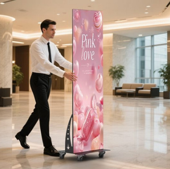 Totem LED digitale PixelTower su ruote spostato da operatore in lobby
