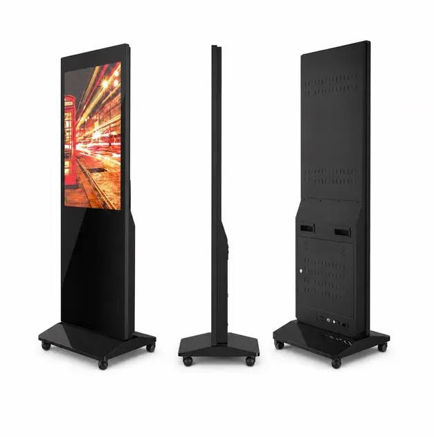 Totem LCD GlassTower visto da tre angolazioni: fronte, fianco e retro della struttura