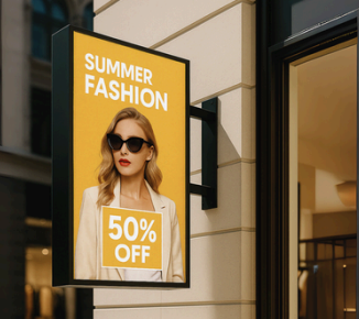 Insegna LED bifacciale SkySign a bandiera su negozio moda con contenuto promozionale