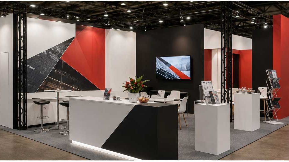 Stand fieristico moderno con comunicazione visiva coordinata