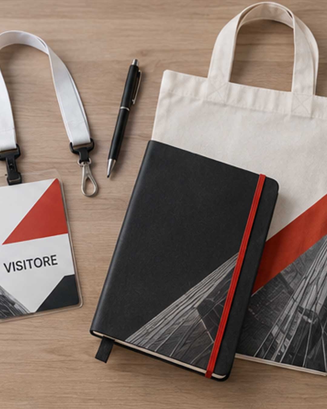 Kit con shopper, badge, penna e taccuino per fiere ed eventi