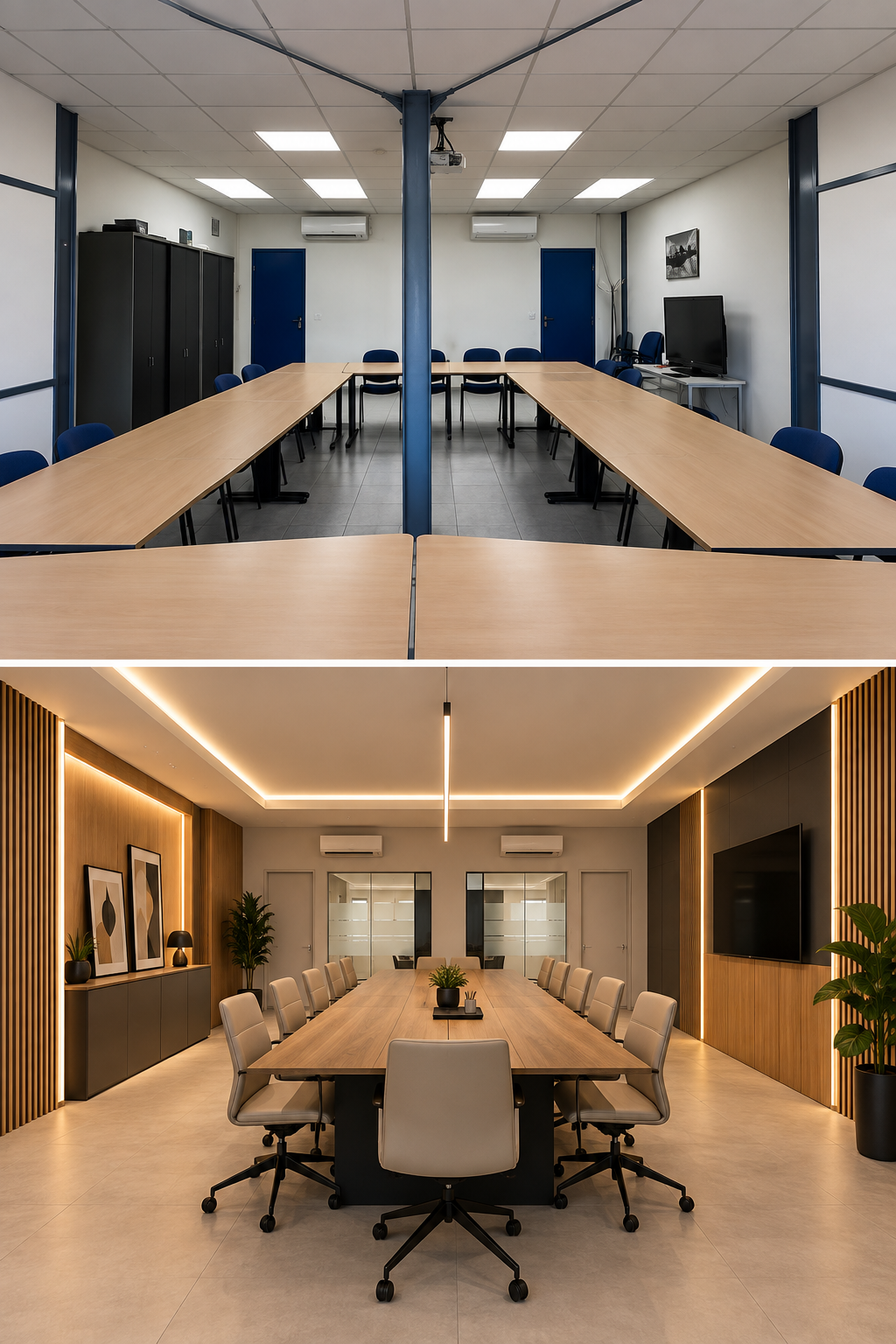 Prima e dopo dell'allestimento di una sala riunioni aziendale
