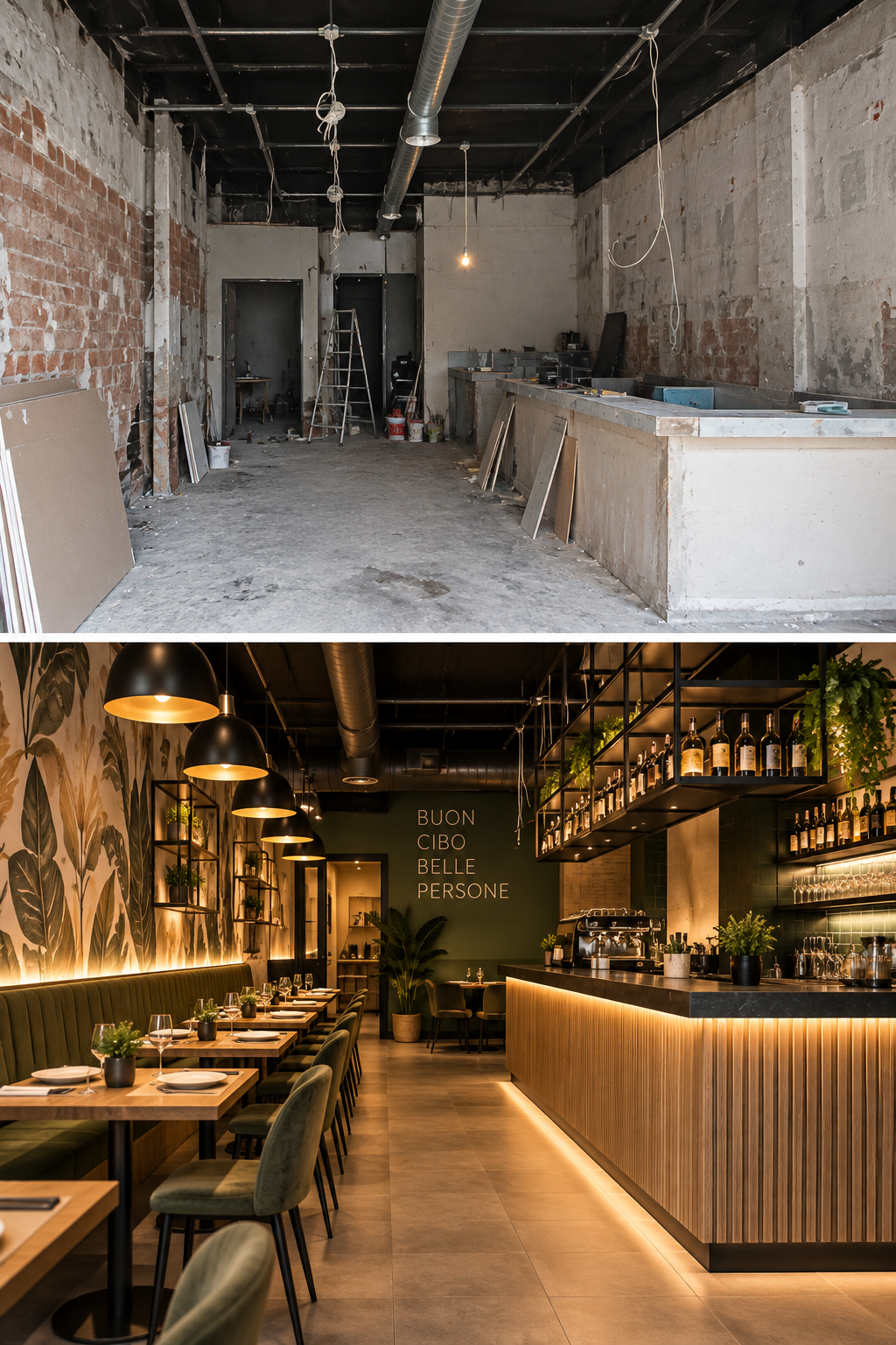 Prima e dopo dell'allestimento e personalizzazione di un ristorante