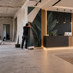 Allestimento di uno spazio aziendale con comunicazione visiva e rivestimenti