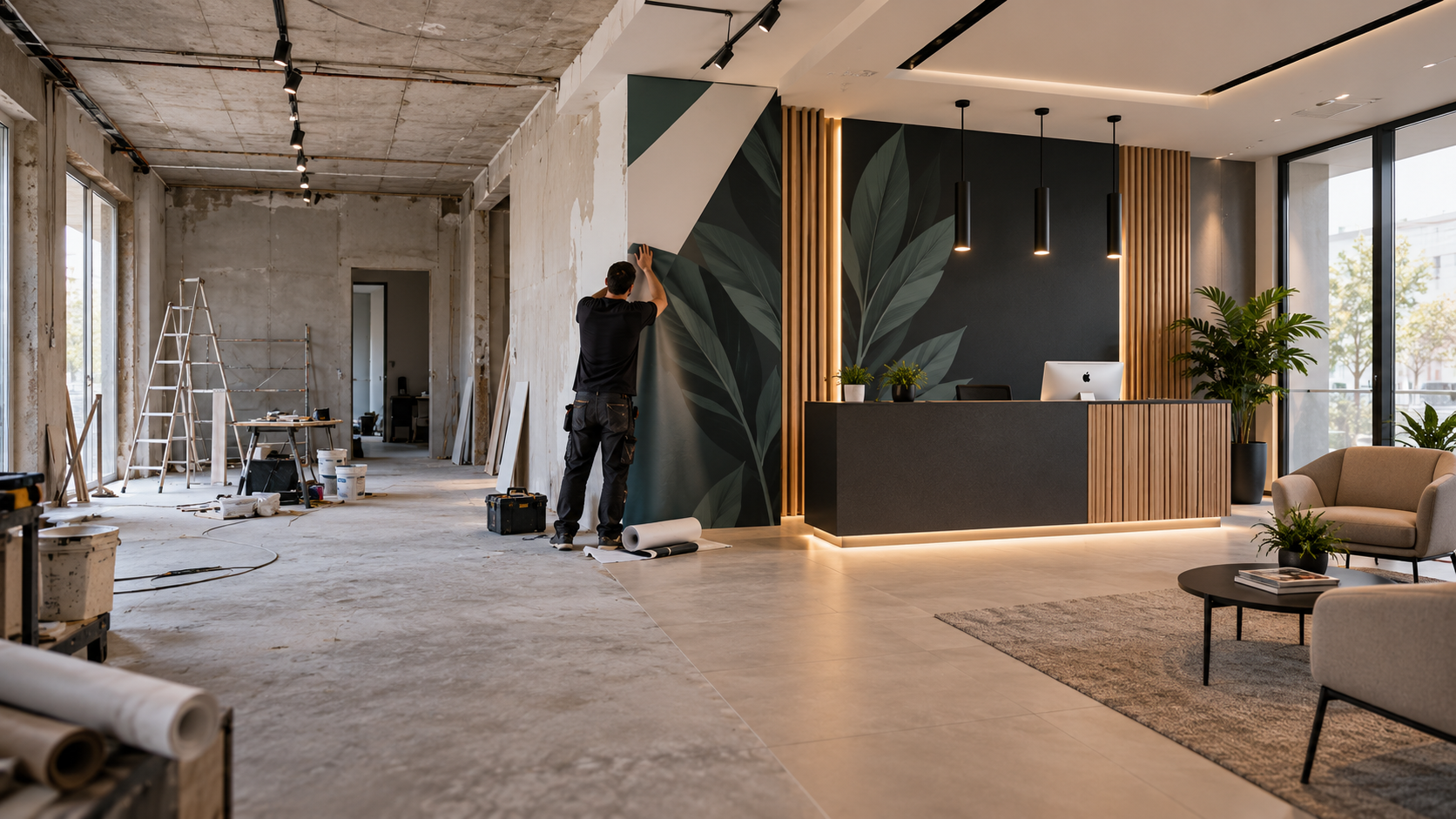 Allestimento di uno spazio aziendale con comunicazione visiva e rivestimenti
