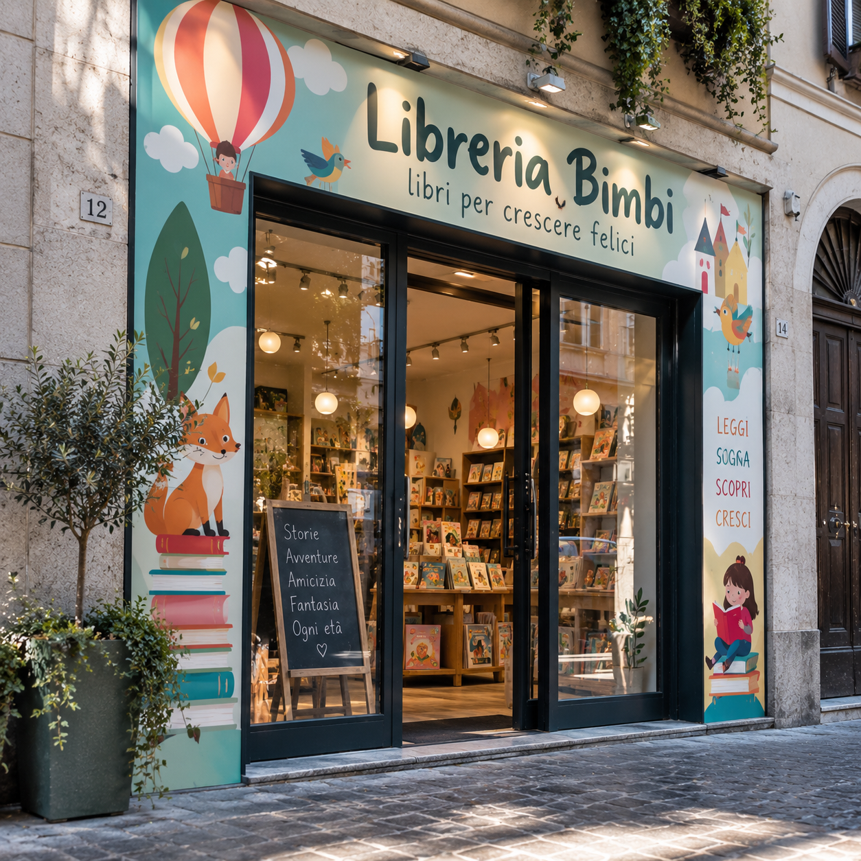 Libreria per bambini con insegna grafica colorata intorno all’ingresso