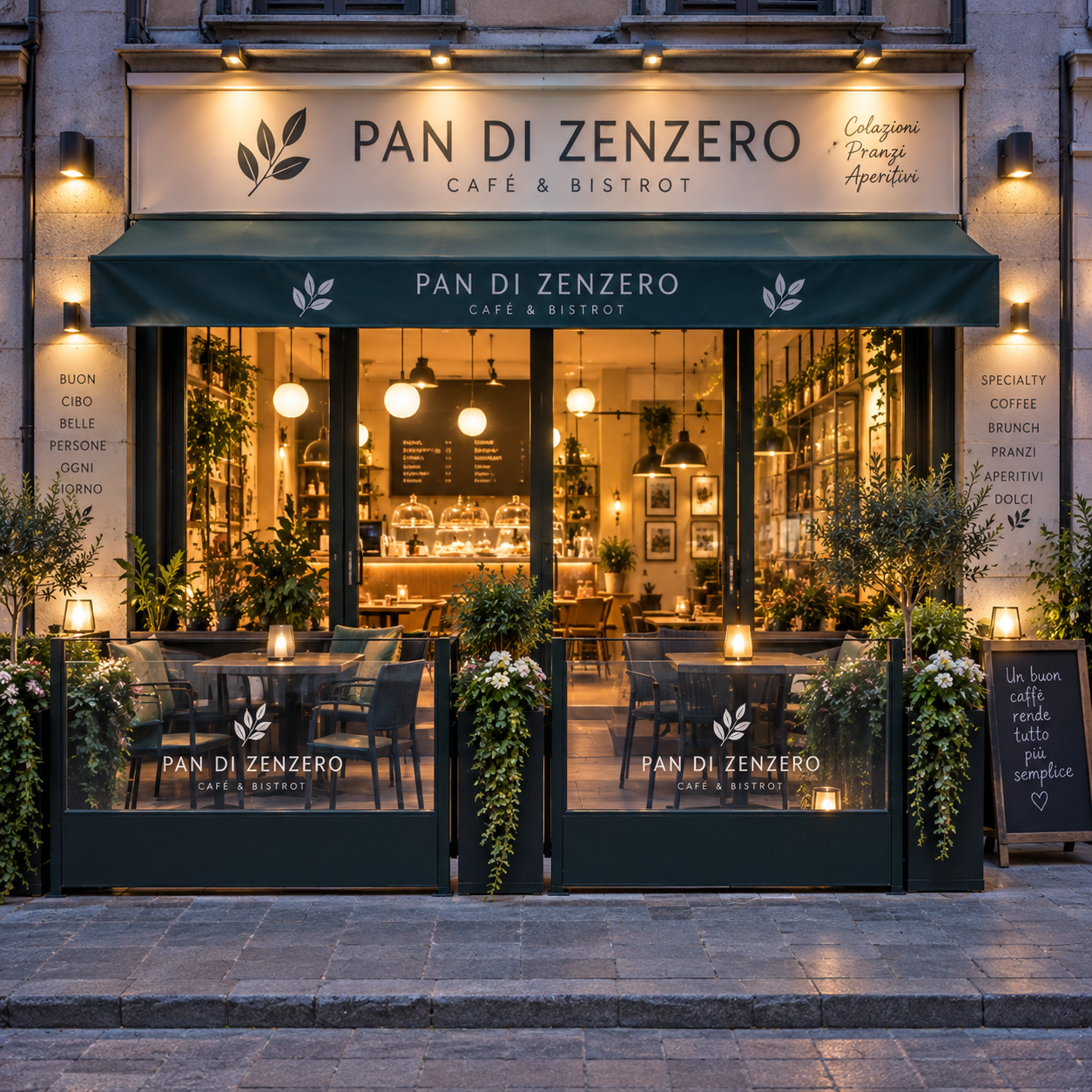 Bar con dehor delimitato da fioriere e pareti in vetro personalizzate con logo